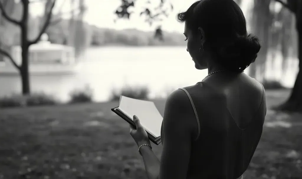 A woman sitting quietly with an open journal