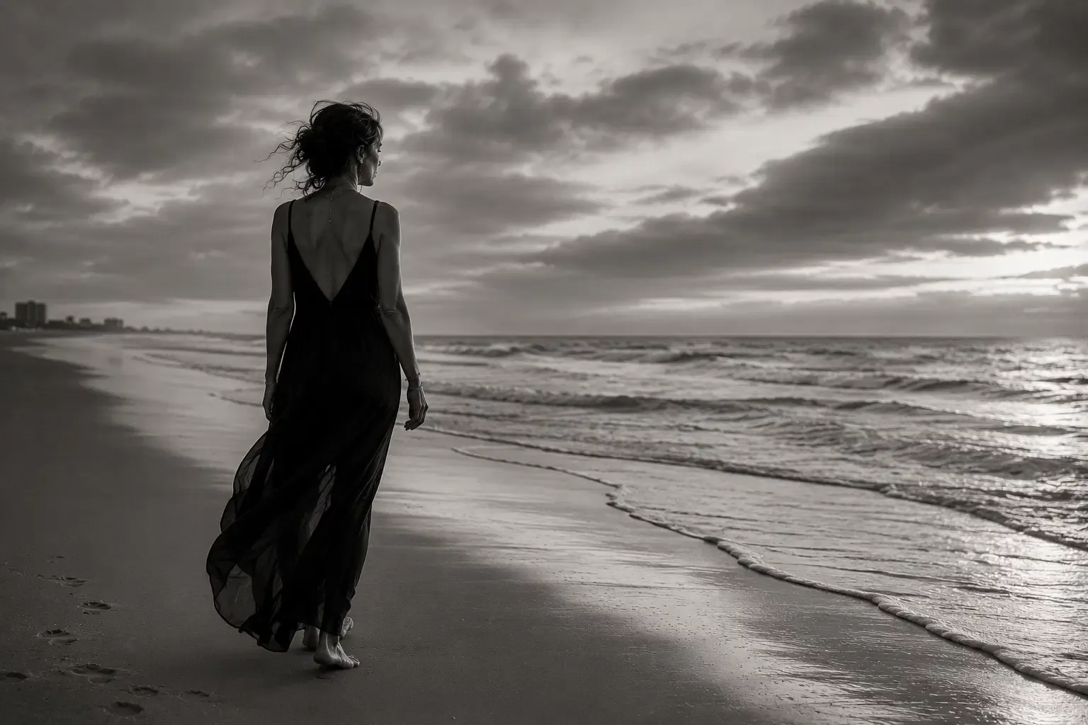 A woman walks along the shore toward the open horizon